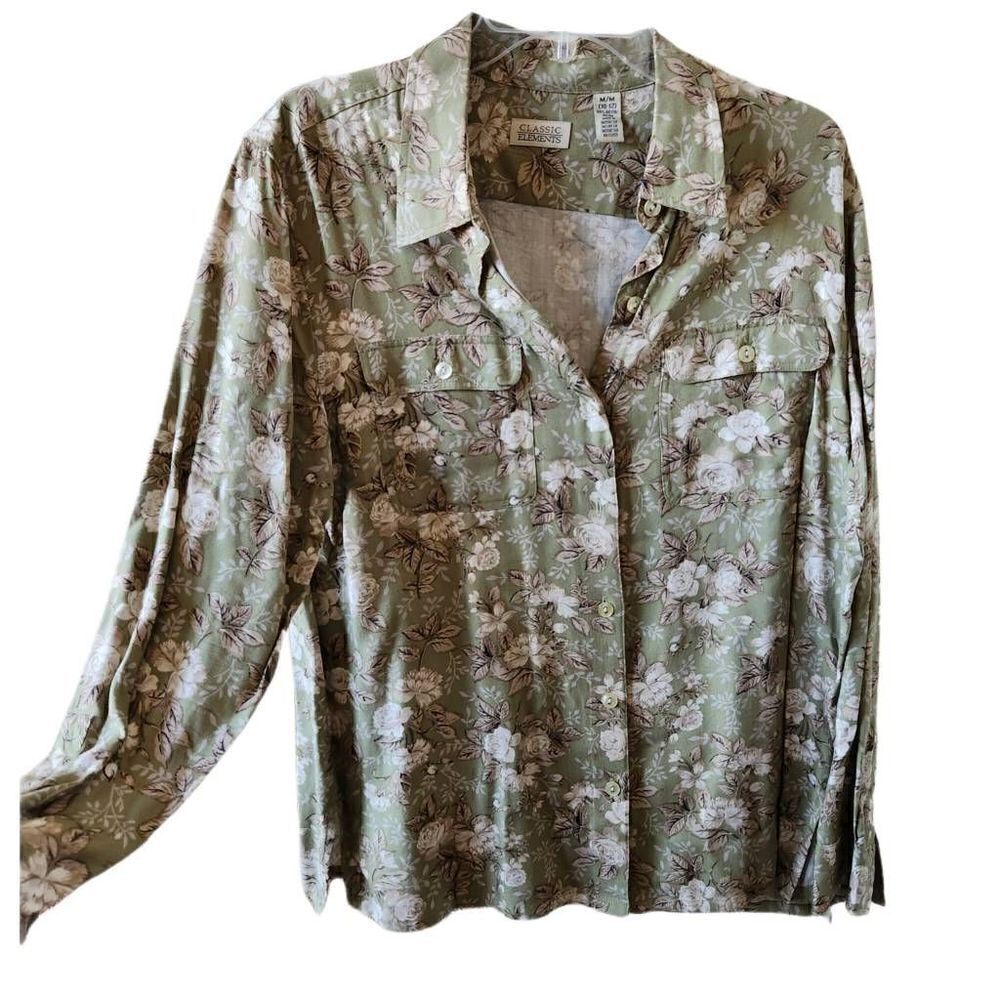 Classic Elements women's M 8-10 vintage green sage floral button up long sleeve